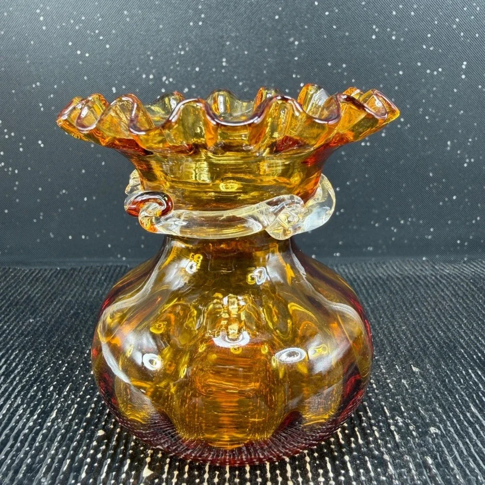 Amber Mid Century Hand Blown Glass Ruffled Bud Vase with Clear Rigaree 3inch